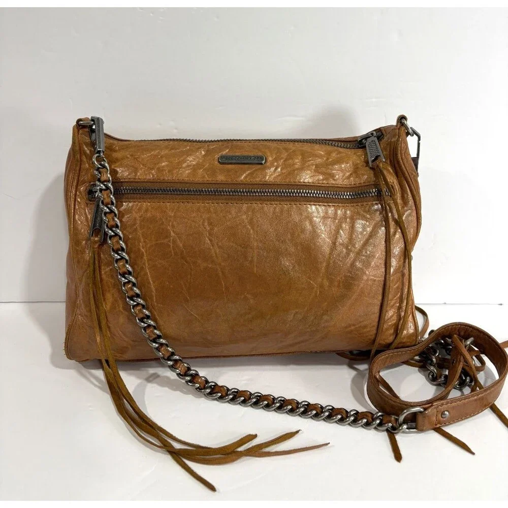 Rebecca Minkoff Women's Crinkled Leather Cognac Brown Crossbody Shoulder Bag